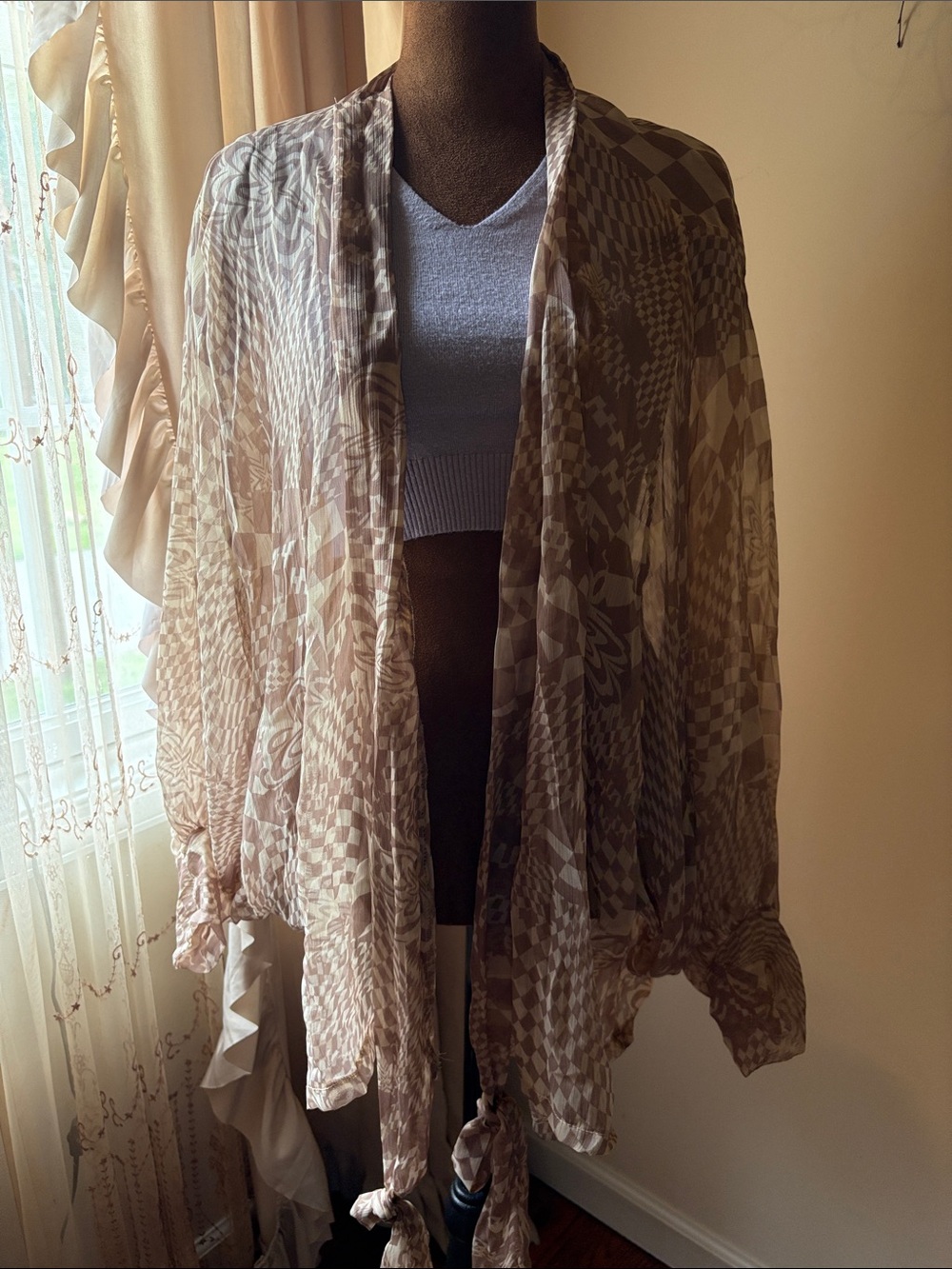 Free People Sheer Checker Patterned Kimono - Beige & Cream